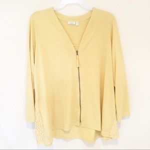 Logo Yellow Mustard Lace Back Zip Pocket Cardigan